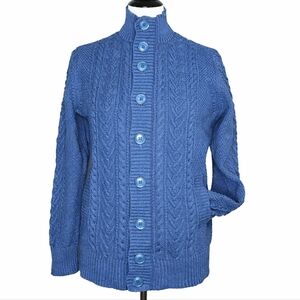 WoolOvers Blue Smoke Chunky Cable Knit Vintage Look Fishermans Cardigan Sweater